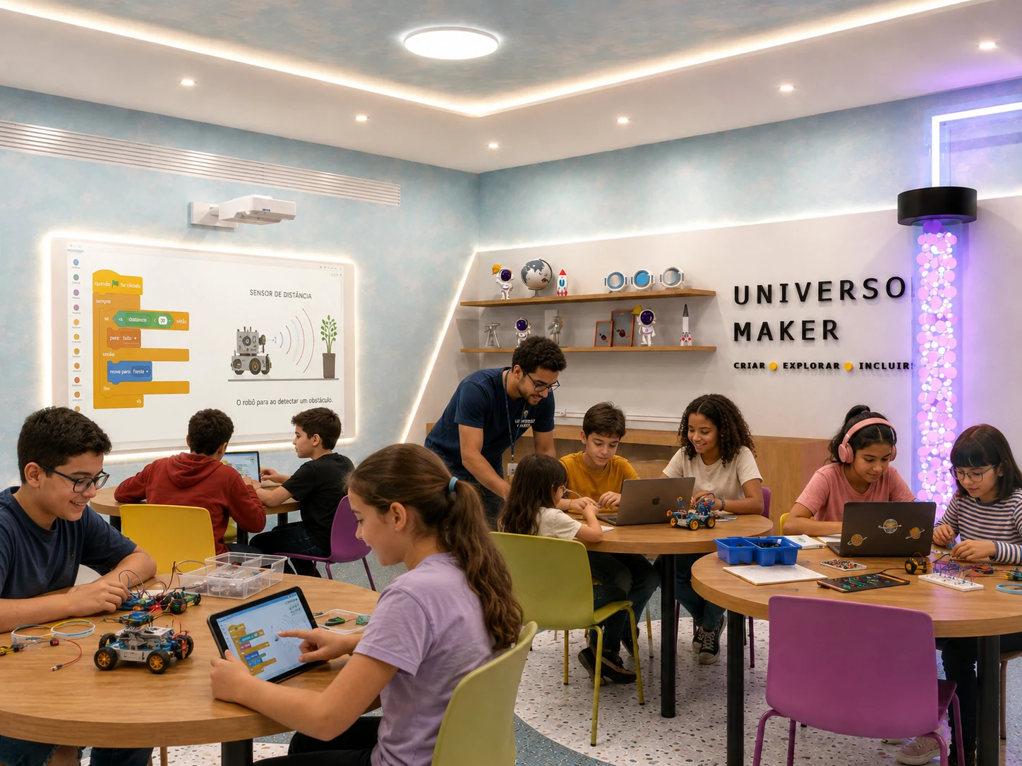 Crianças e adolescentes participando de atividades de robótica, programação e tecnologia na sala Universo Maker